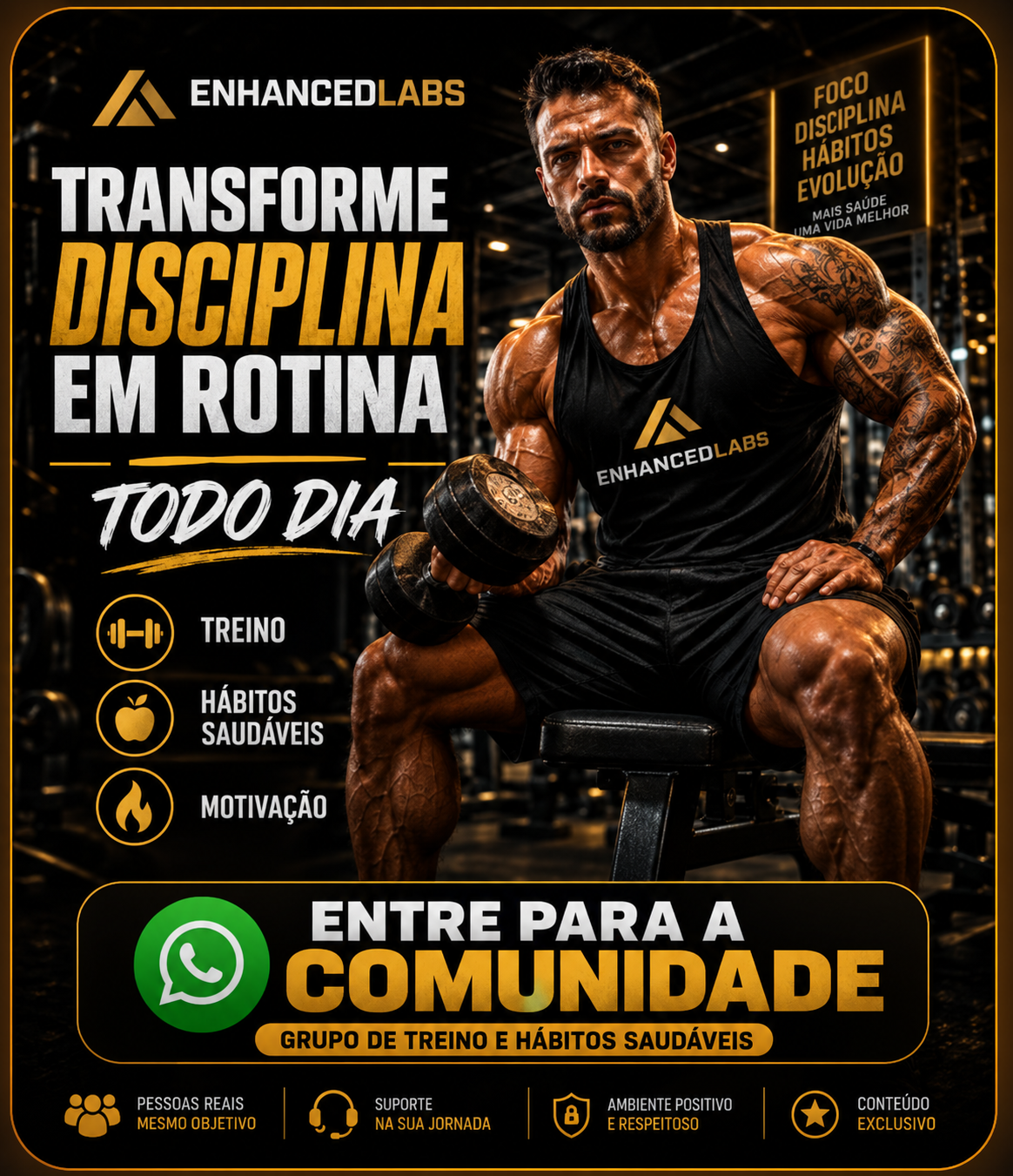 EnhancedLabs: atleta na academia e convite para uma comunidade de treino, hábitos saudáveis e motivação